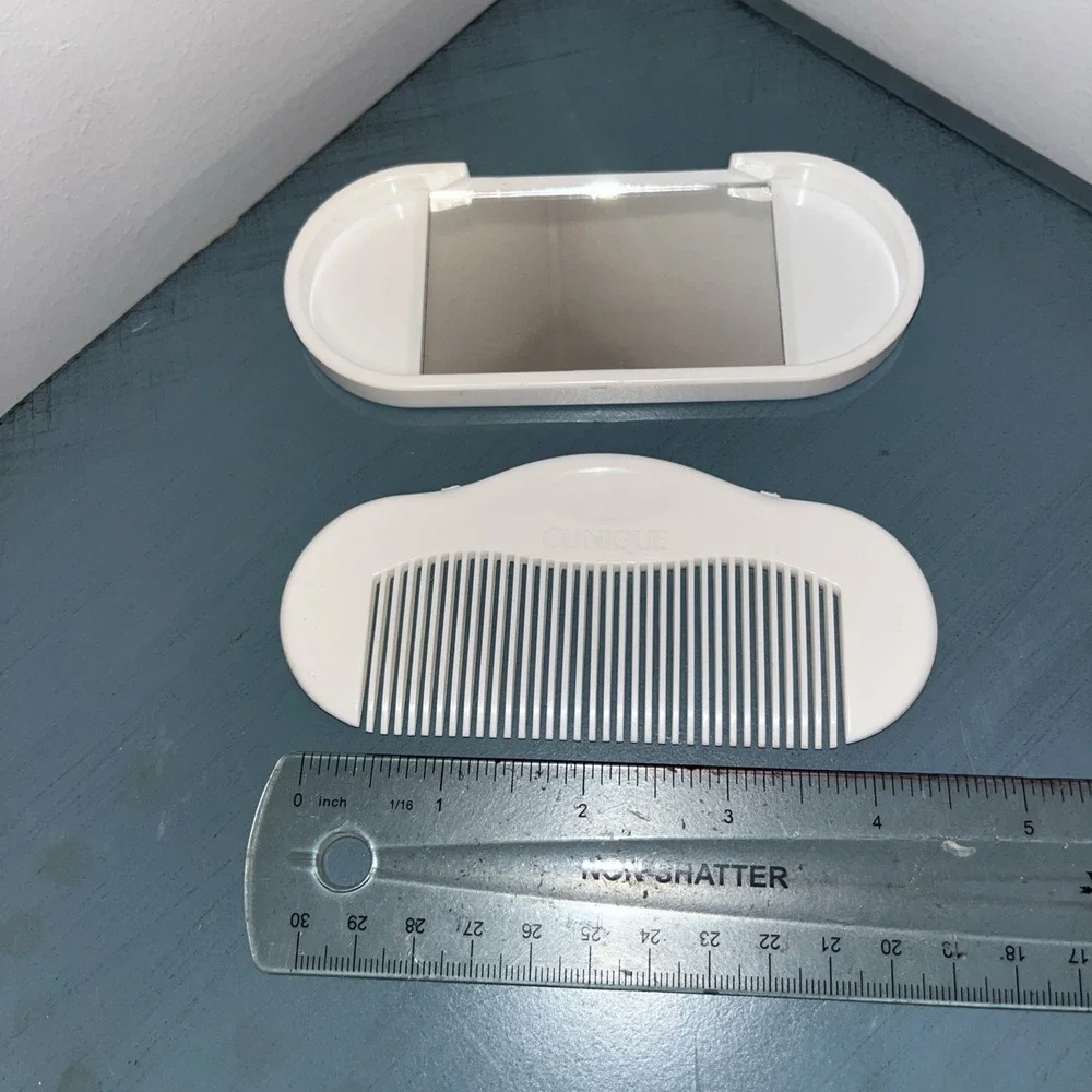 Vintage CLINIQUE ~ Travel Comb and Mirror Combo White Purse Compact